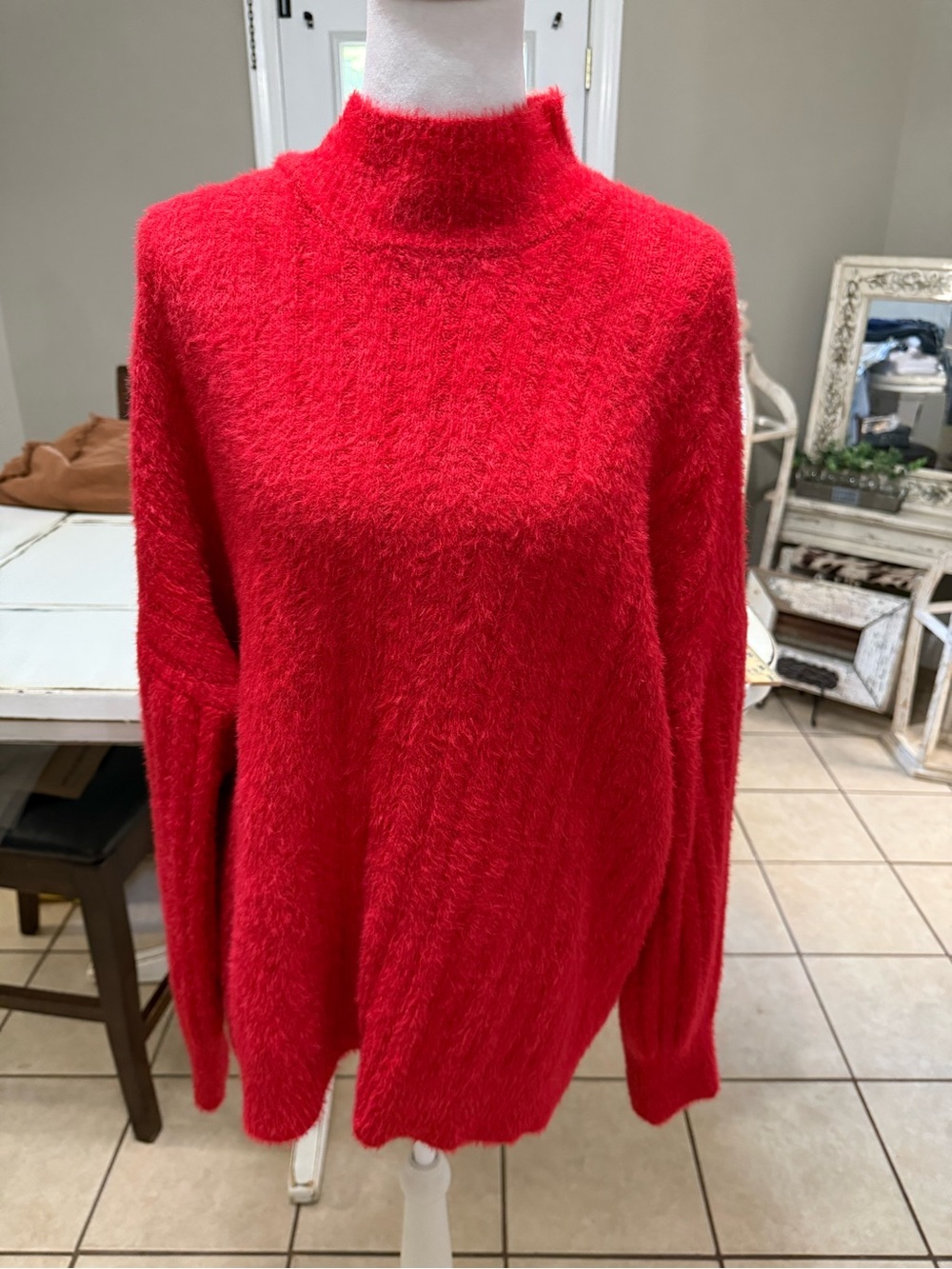 Jessica Simpson Red Fuzzy Eyelash Sweater | Mock Neck | Cozy Plush Knit | Size L - Picture 2 of 10